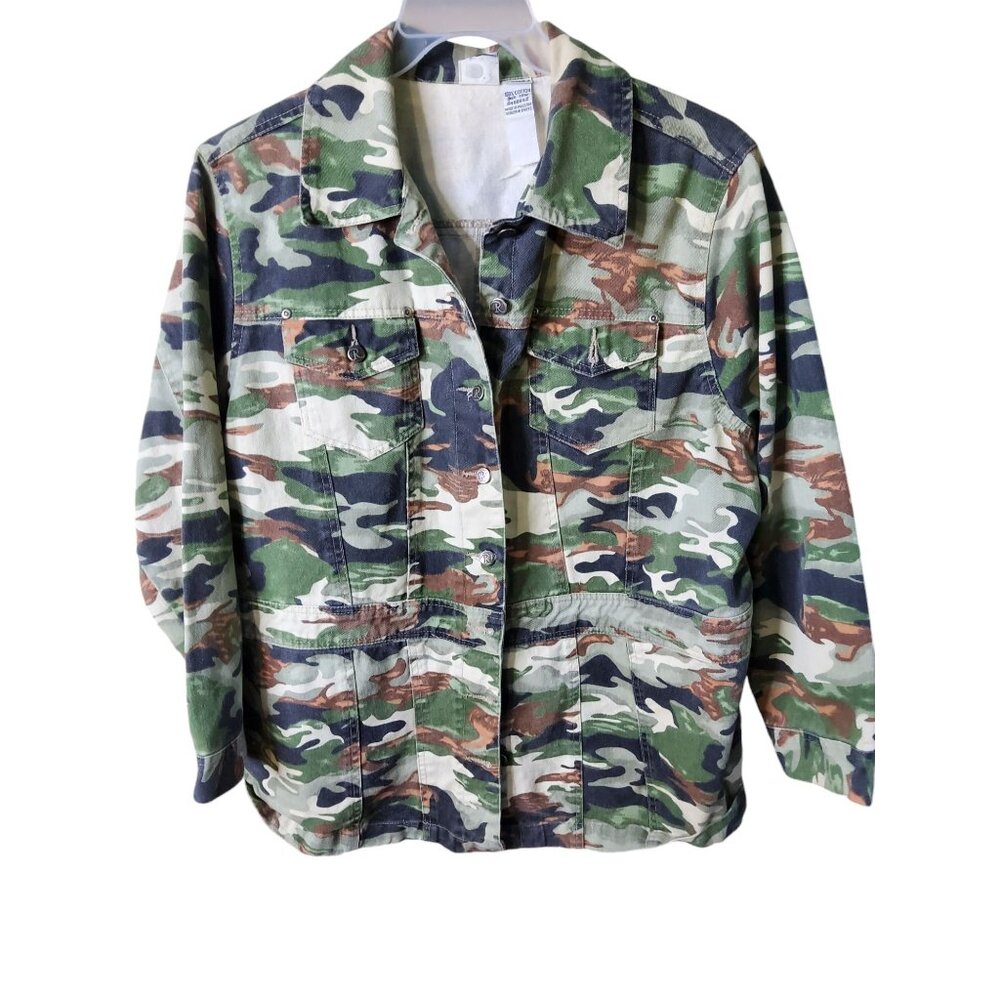 vintage womens roamans camoflage tailored jean jacket cotton button up